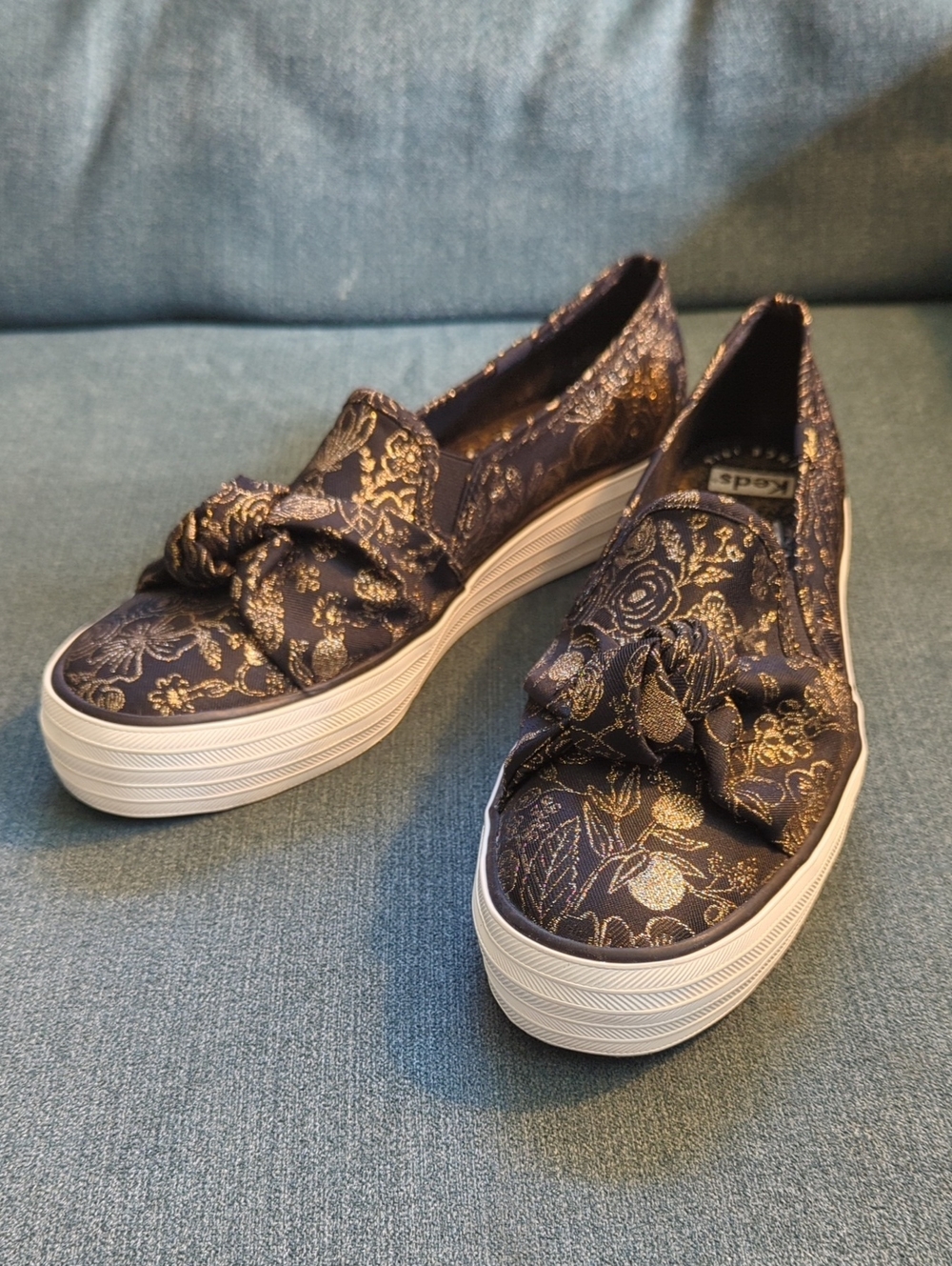Keds Slip-On Platform Sneakers in Black & Gold Floral, NWOT, Women's 10